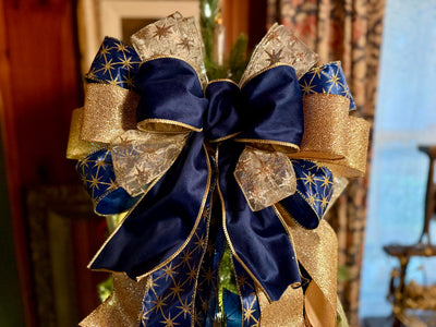 The Andromeda Navy Blue & Gold Christmas Tree Topper Bow, Celestial christmas tree bow, long streamer luxury bow, blue velvet north star bow