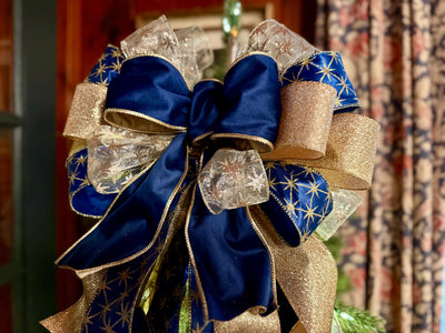 The Andromeda Navy Blue & Gold Christmas Tree Topper Bow, Celestial christmas tree bow, long streamer luxury bow, blue velvet north star bow