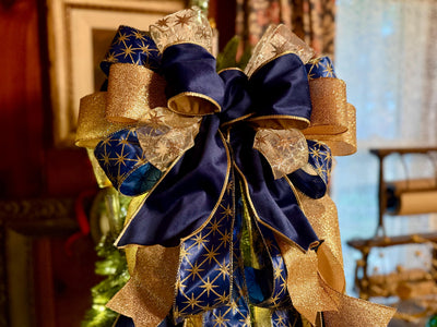 The Andromeda Navy Blue & Gold Christmas Tree Topper Bow, Celestial christmas tree bow, long streamer luxury bow, blue velvet north star bow
