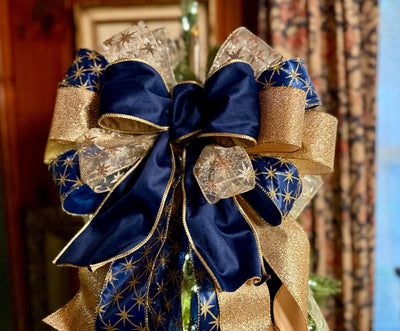The Andromeda Navy Blue & Gold Christmas Tree Topper Bow, Celestial christmas tree bow, long streamer luxury bow, blue velvet north star bow