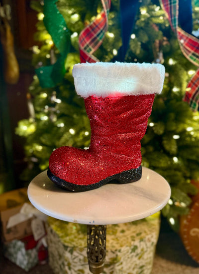 Large Red Santa Boot Container, Christmas planter candy cane holder