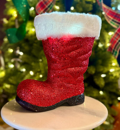 Large Red Santa Boot Container, Christmas planter candy cane holder