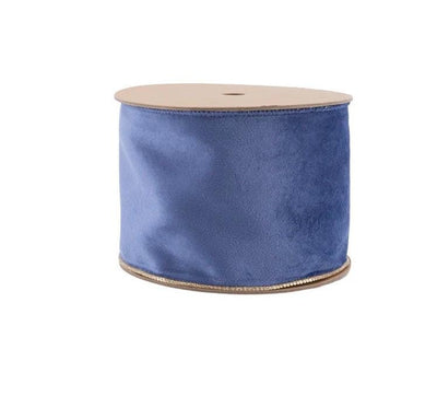 French Blue & Gold Velvet Wired Ribbon | Double sided (4 Inch, 10 Yard)