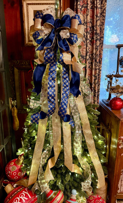 Navy Blue Velvet Ribbon | Gold Satin, Wired Edge (10 Yard Roll)