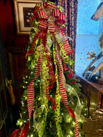 The Aggie Red & Lime Green Whimsical Christmas Tree Topper Bow