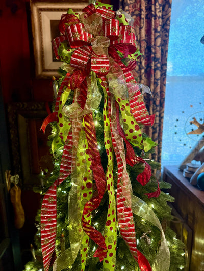 The Aggie Red & Lime Green Whimsical Christmas Tree Topper Bow