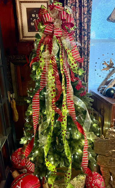 The Aggie Red & Lime Green Whimsical Christmas Tree Topper Bow