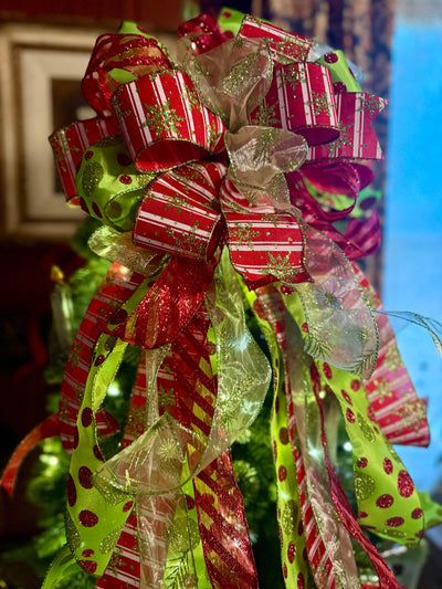 The Aggie Red & Lime Green Whimsical Christmas Tree Topper Bow