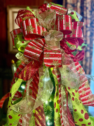 The Aggie Red & Lime Green Whimsical Christmas Tree Topper Bow