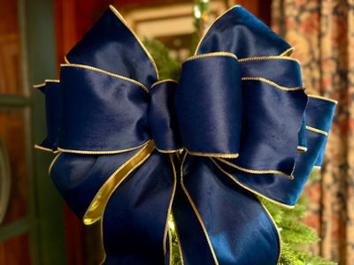The Shanice Navy Blue Velvet Christmas Tree Topper Bow, XL Luxury Gold Ribbon, Navy Blue & Gold Christmas tree bow