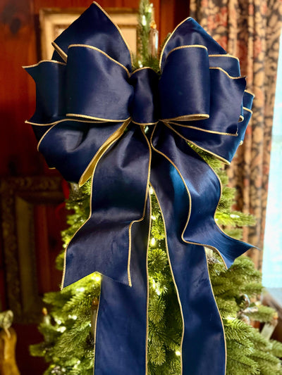 The Shanice Navy Blue Velvet Christmas Tree Topper Bow, XL Luxury Gold Ribbon, Navy Blue & Gold Christmas tree bow