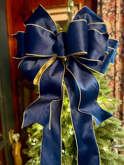 The Shanice Navy Blue Velvet Christmas Tree Topper Bow, XL Luxury Gold Ribbon, Navy Blue & Gold Christmas tree bow