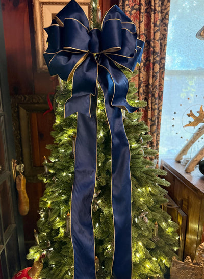 The Shanice Navy Blue Velvet Christmas Tree Topper Bow, XL Luxury Gold Ribbon, Navy Blue & Gold Christmas tree bow