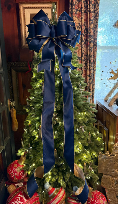 The Shanice Navy Blue Velvet Christmas Tree Topper Bow, XL Luxury Gold Ribbon, Navy Blue & Gold Christmas tree bow