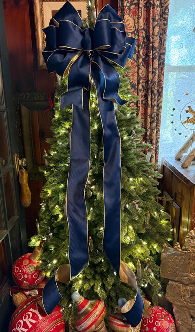 The Shanice Navy Blue Velvet Christmas Tree Topper Bow, XL Luxury Gold Ribbon, Navy Blue & Gold Christmas tree bow