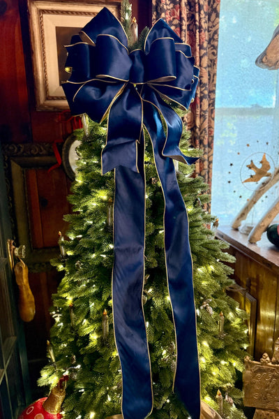 The Shanice Navy Blue Velvet Christmas Tree Topper Bow, XL Luxury Gold Ribbon, Navy Blue & Gold Christmas tree bow