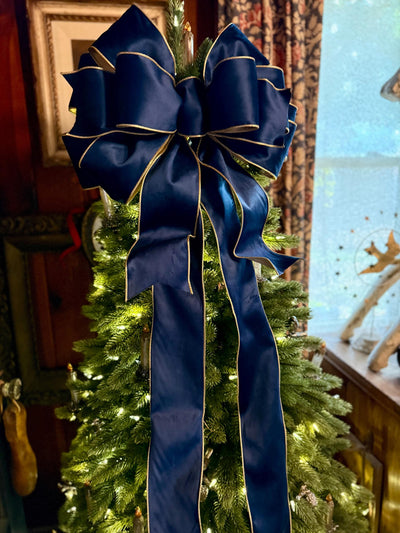 The Shanice Navy Blue Velvet Christmas Tree Topper Bow, XL Luxury Gold Ribbon, Navy Blue & Gold Christmas tree bow