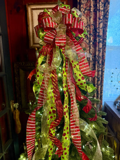 The Aggie Red & Lime Green Whimsical Christmas Tree Topper Bow