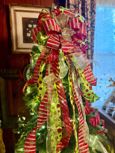 The Aggie Red & Lime Green Whimsical Christmas Tree Topper Bow