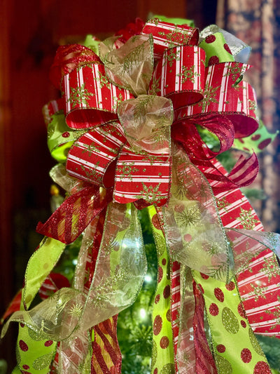 The Aggie Red & Lime Green Whimsical Christmas Tree Topper Bow