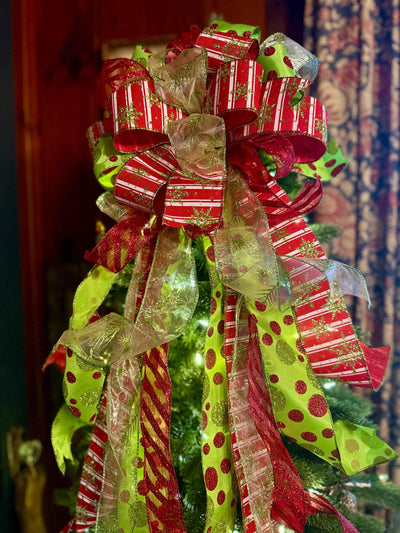 The Aggie Red & Lime Green Whimsical Christmas Tree Topper Bow