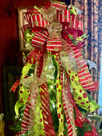 The Aggie Red & Lime Green Whimsical Christmas Tree Topper Bow