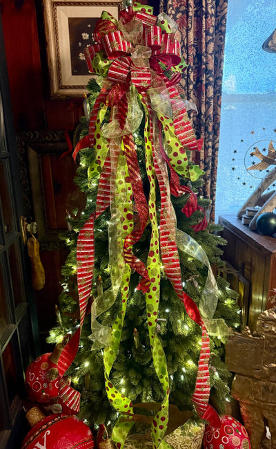 The Aggie Red & Lime Green Whimsical Christmas Tree Topper Bow