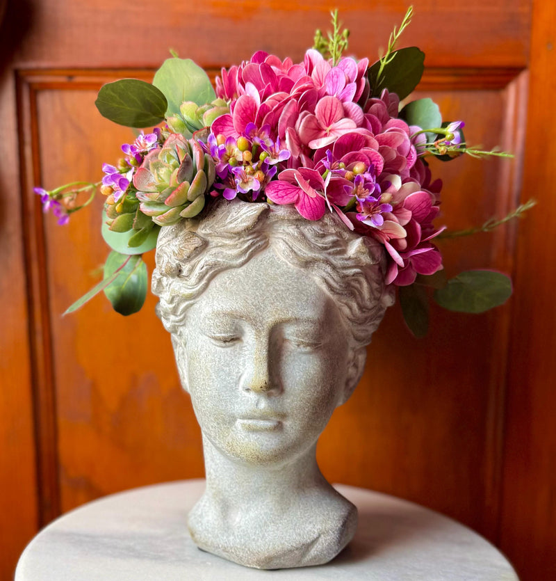 The Gaia Statuary Floral Centerpiece, Garden statue Lady’s head filled with flowers, garden centerpiece, Spring Kitchen flower arrangement