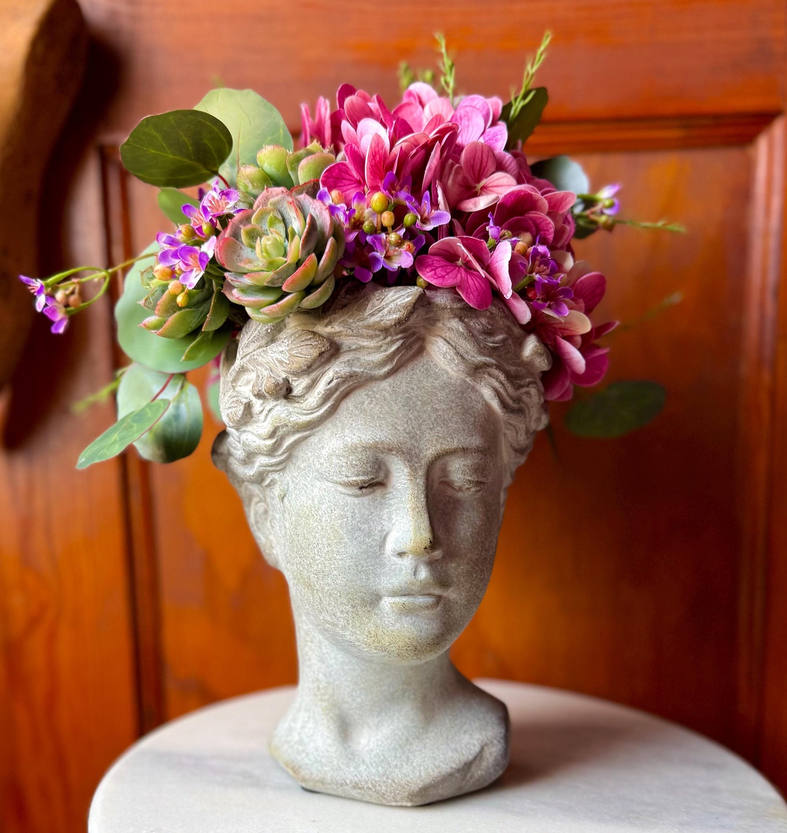 The Gaia Statuary Floral Centerpiece, Garden statue Lady’s head filled with flowers, garden centerpiece, Spring Kitchen flower arrangement