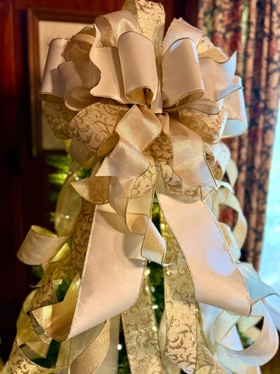 The Presley Cream & Gold Christmas Tree Topper Bow, luxury ribbon topper, XL bow topper for christmas tree, warm white big bow