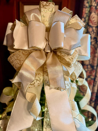 The Presley Cream & Gold Christmas Tree Topper Bow, luxury ribbon topper, XL bow topper for christmas tree, warm white big bow