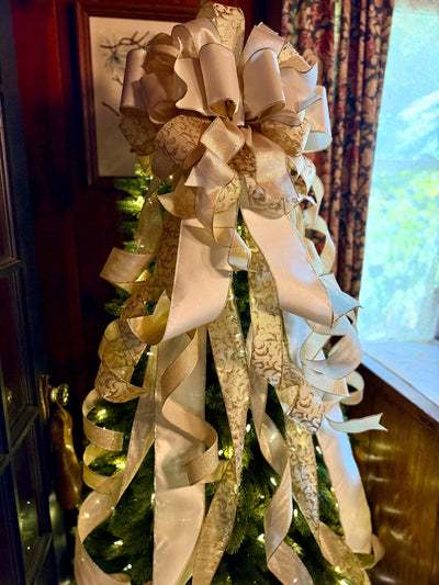The Presley Cream & Gold Christmas Tree Topper Bow, luxury ribbon topper, XL bow topper for christmas tree, warm white big bow
