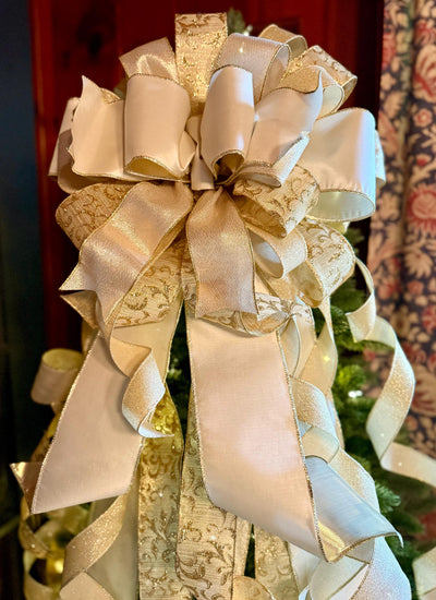 The Presley Cream & Gold Christmas Tree Topper Bow, luxury ribbon topper, XL bow topper for christmas tree, warm white big bow