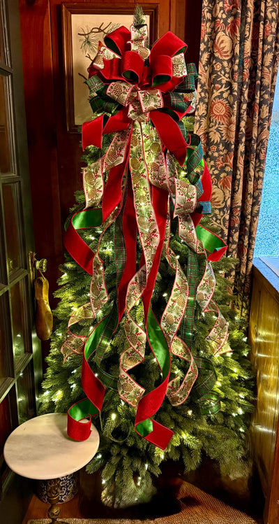 The Whitley Red Green and Gold Christmas Tree Topper Bow, XL Luxury Xmas Decor, Big red green bow, long streamer bow for tree