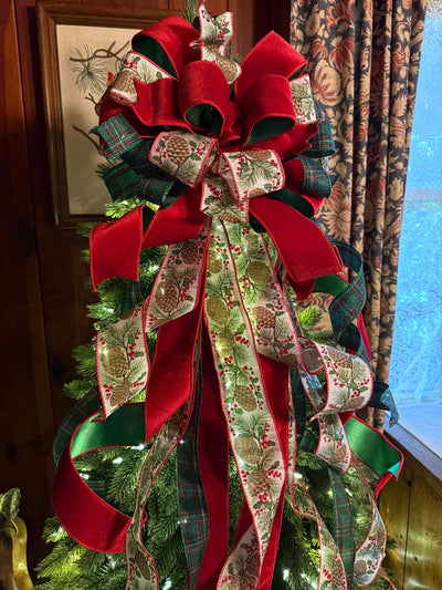 The Whitley Red Green and Gold Christmas Tree Topper Bow, XL Luxury Xmas Decor, Big red green bow, long streamer bow for tree
