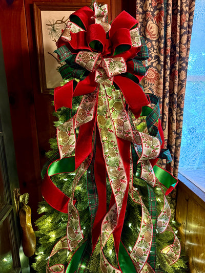 The Whitley Red Green and Gold Christmas Tree Topper Bow, XL Luxury Xmas Decor, Big red green bow, long streamer bow for tree
