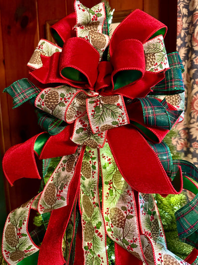 The Whitley Red Green and Gold Christmas Tree Topper Bow, XL Luxury Xmas Decor, Big red green bow, long streamer bow for tree