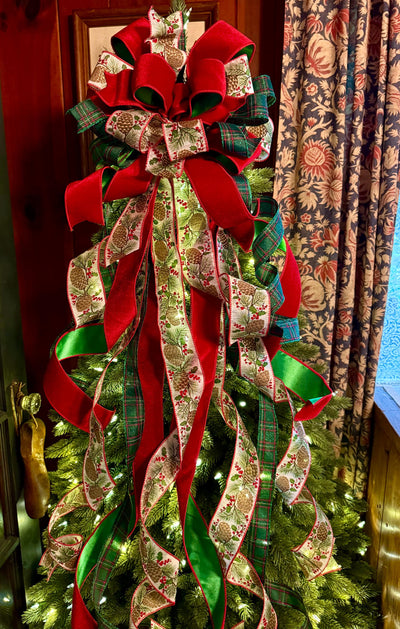 The Whitley Red Green and Gold Christmas Tree Topper Bow, XL Luxury Xmas Decor, Big red green bow, long streamer bow for tree