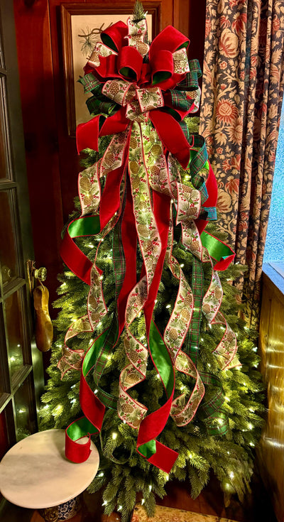The Whitley Red Green and Gold Christmas Tree Topper Bow, XL Luxury Xmas Decor, Big red green bow, long streamer bow for tree
