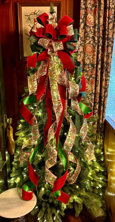 The Whitley Red Green and Gold Christmas Tree Topper Bow, XL Luxury Xmas Decor, Big red green bow, long streamer bow for tree
