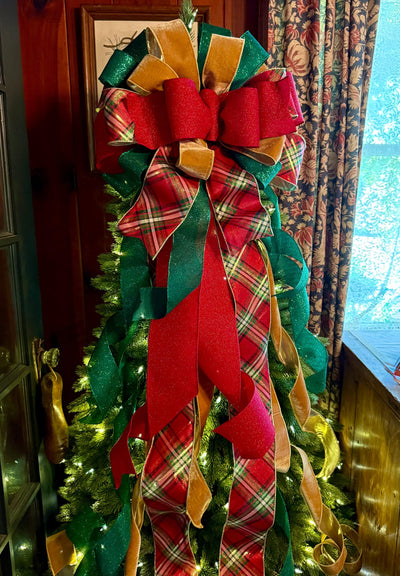 The Gem Red Green& Gold Elegant Christmas Tree Topper Bow, xxxl bow, big bow for tree, XL long streamer, christmas decor, tree trimming bow