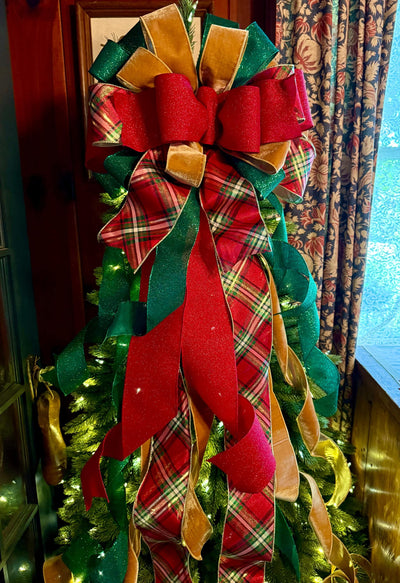 The Gem Red Green& Gold Elegant Christmas Tree Topper Bow, xxxl bow, big bow for tree, XL long streamer, christmas decor, tree trimming bow