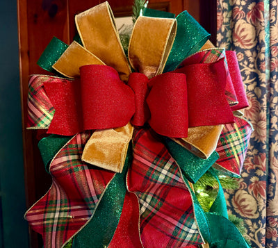 The Gem Red Green& Gold Elegant Christmas Tree Topper Bow, xxxl bow, big bow for tree, XL long streamer, christmas decor, tree trimming bow