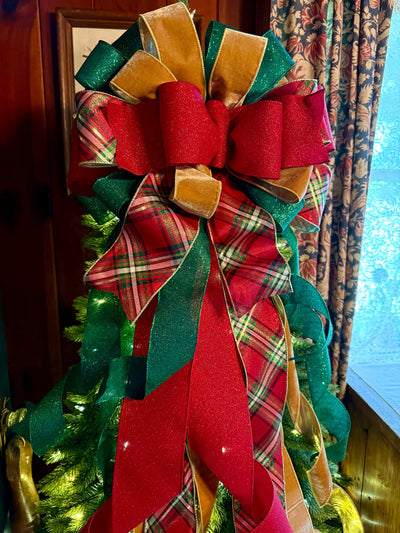 The Gem Red Green& Gold Elegant Christmas Tree Topper Bow, xxxl bow, big bow for tree, XL long streamer, christmas decor, tree trimming bow