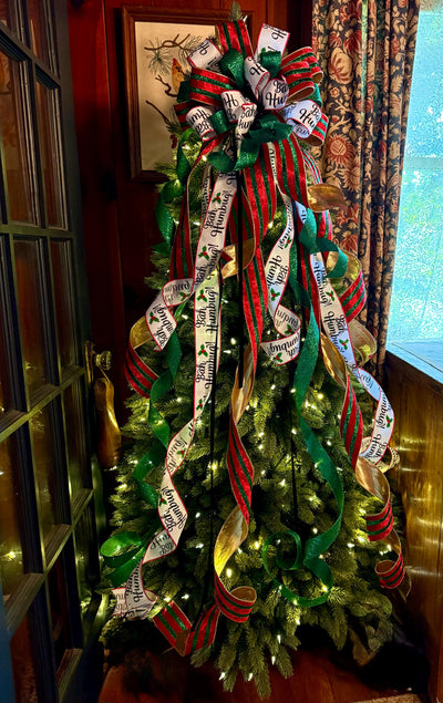 The Ebenezer Red Black Green & White Christmas Tree Topper Bow, Tree trimming bow, Xmas bow, whimsical bow, ribbon topper, long streamer bow