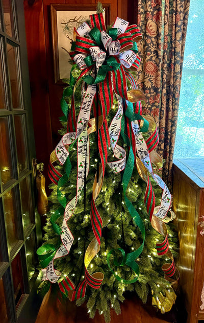 The Ebenezer Red Black Green & White Christmas Tree Topper Bow, Tree trimming bow, Xmas bow, whimsical bow, ribbon topper, long streamer bow