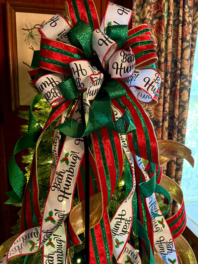 The Ebenezer Red Black Green & White Christmas Tree Topper Bow, Tree trimming bow, Xmas bow, whimsical bow, ribbon topper, long streamer bow