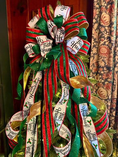 The Ebenezer Red Black Green & White Christmas Tree Topper Bow, Tree trimming bow, Xmas bow, whimsical bow, ribbon topper, long streamer bow