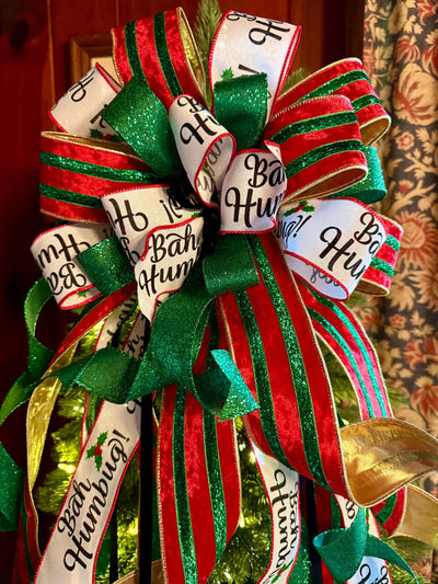 The Ebenezer Red Black Green & White Christmas Tree Topper Bow, Tree trimming bow, Xmas bow, whimsical bow, ribbon topper, long streamer bow