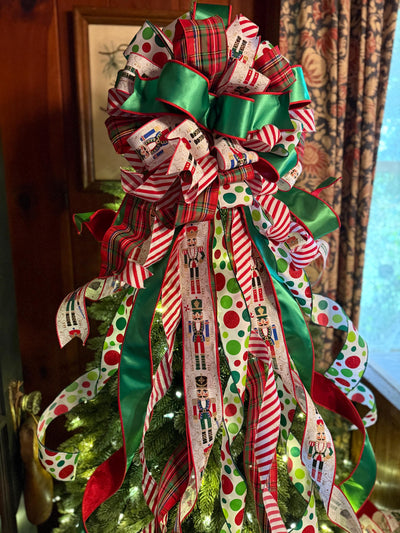 The Antonio Red & Green Christmas Tree Topper Bow, XL Luxury Bow, long streamer bow for tree, Christmas tree bow, Nutcracker bow for tree